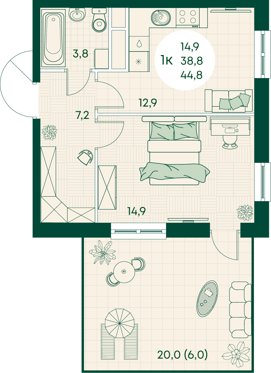 Планировка 1-комнатная 44,8 м²