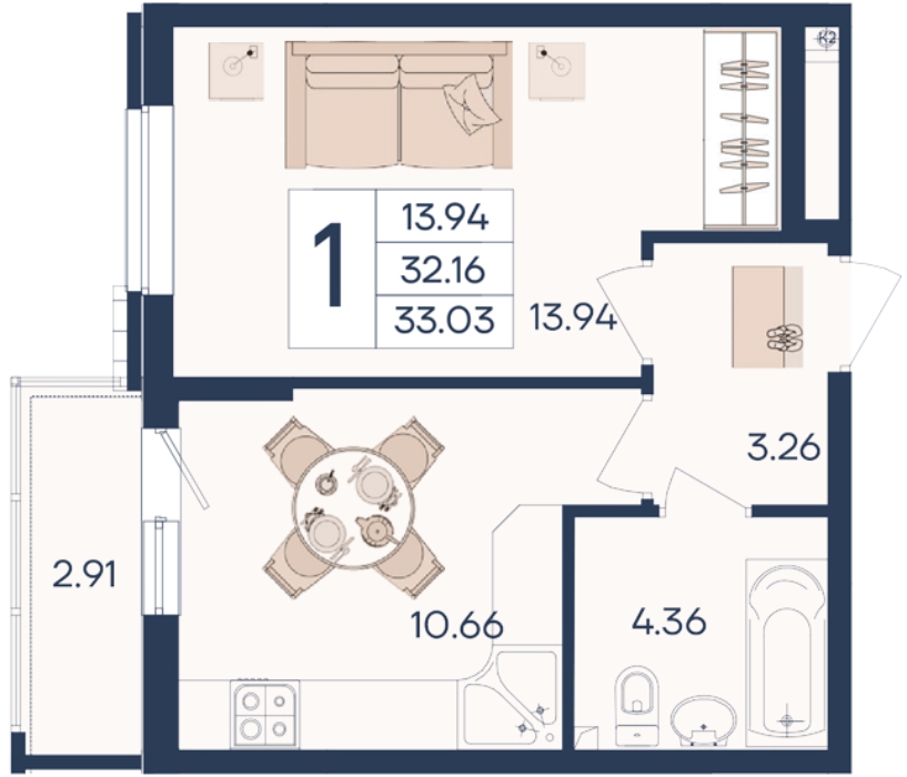 Планировка 1-комнатная 33,03 м²