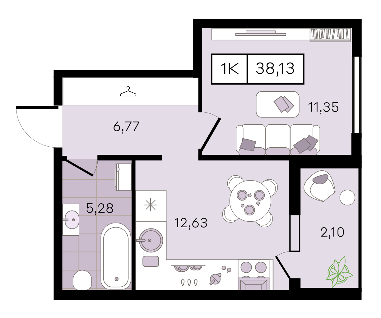 Планировка: 1-комн. квартира 38,1 м²