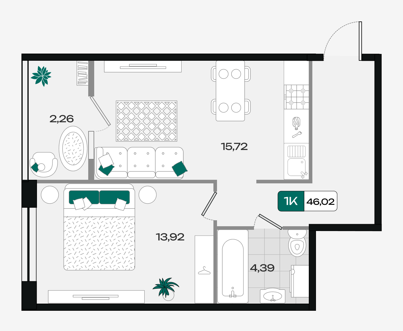 Планировка: 1-комн. квартира 46 м²