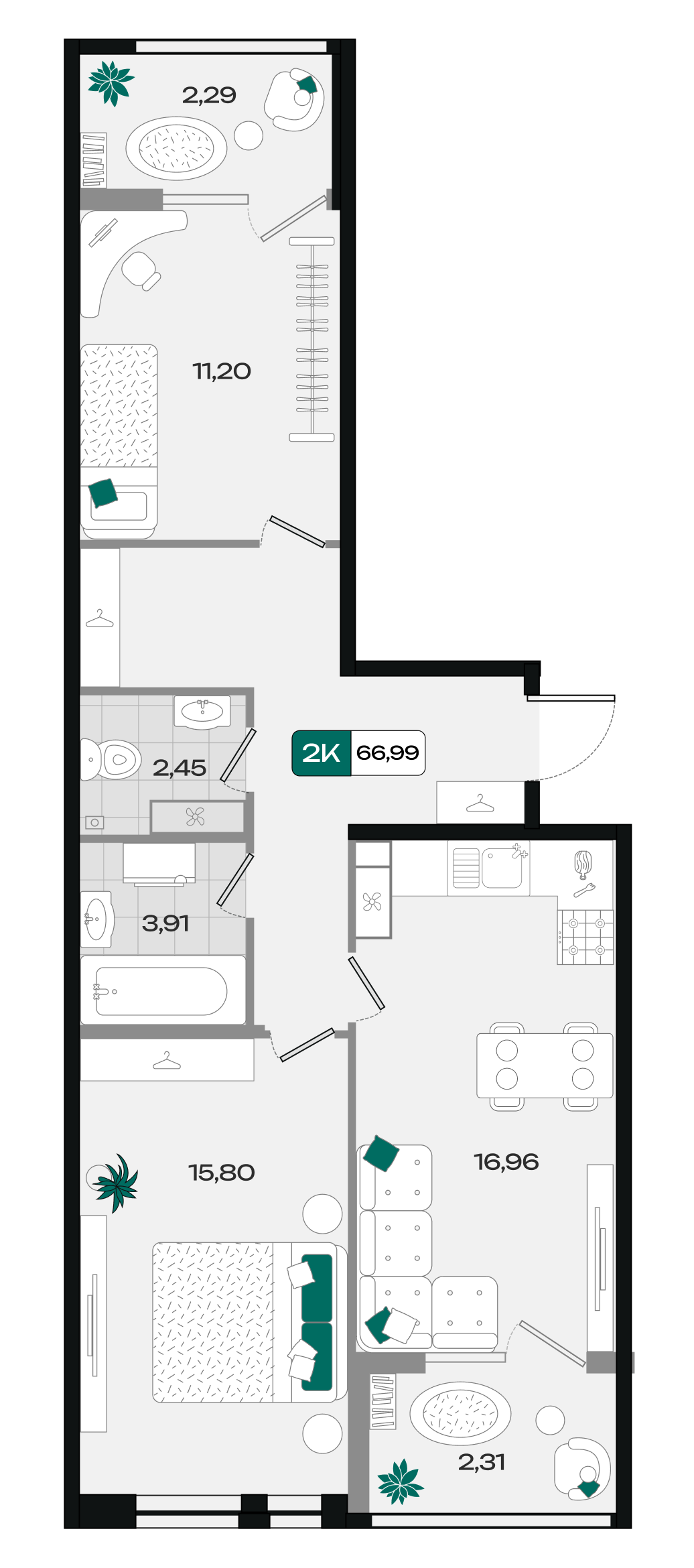 Планировка: 2-комн. квартира 67 м²