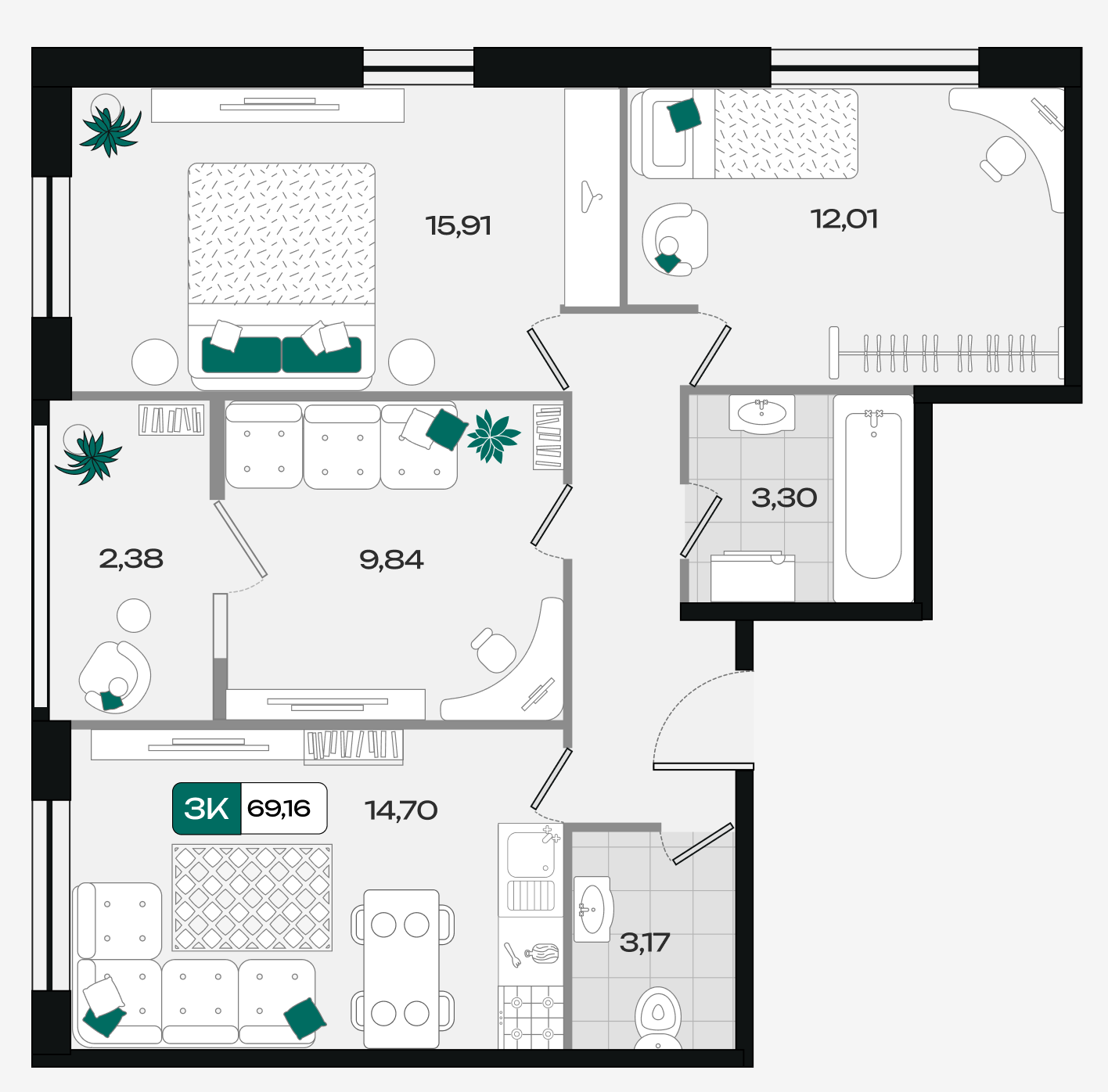 Планировка: 3-комн. квартира 69,2 м²
