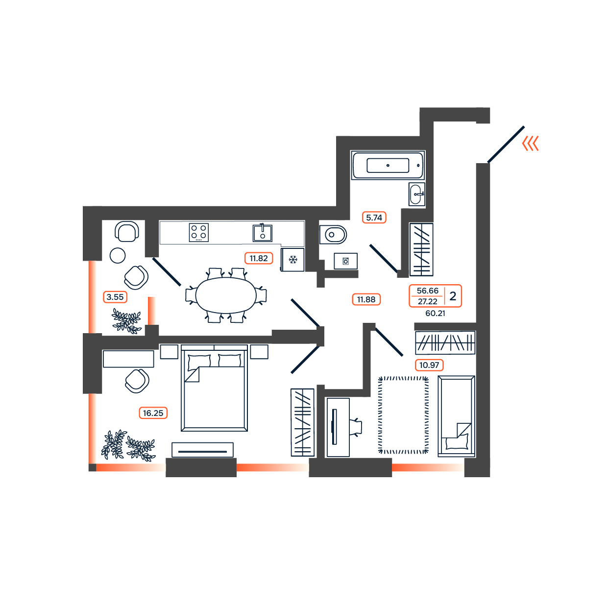 Планировка: 2-комн. квартира 60,2 м²