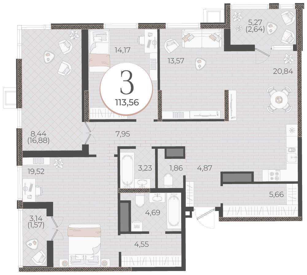 Планировка 3-комнатная 113,56 м²