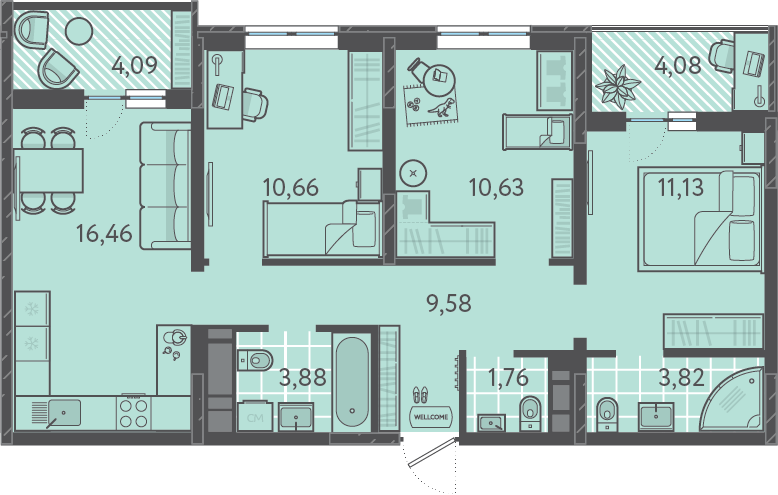 Планировка 3-комнатная 72 м²