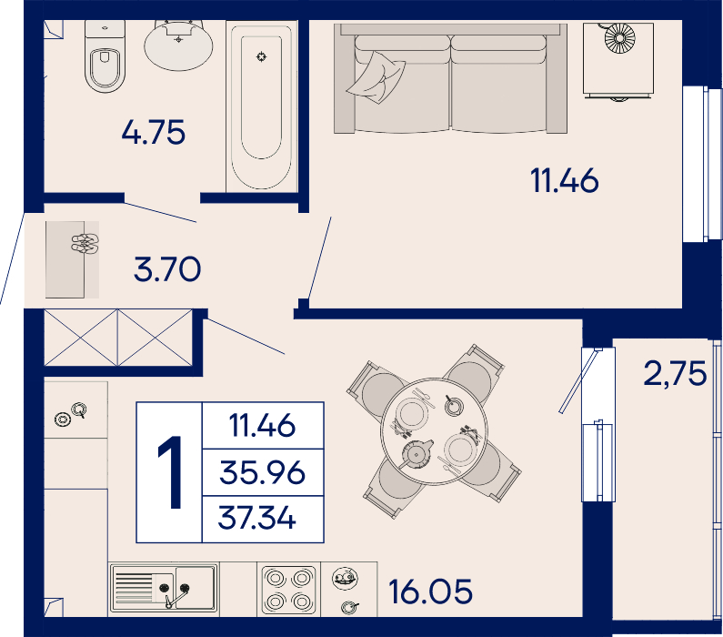 Планировка: 1-комн. квартира 37,3 м²