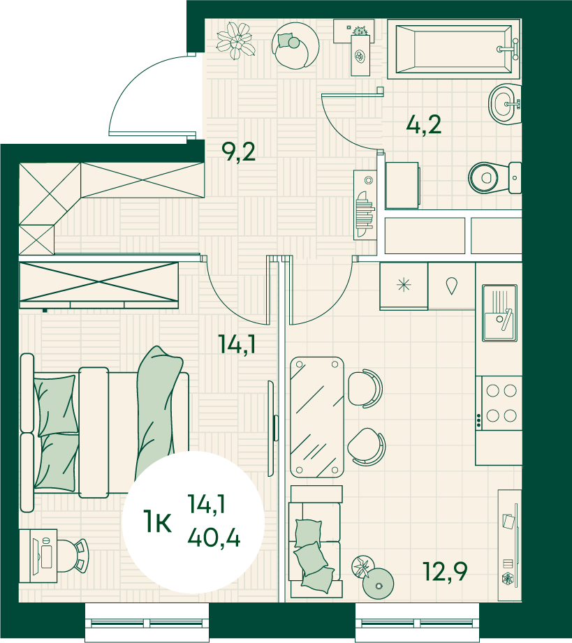 Планировка: 1-комн. квартира 40,4 м²