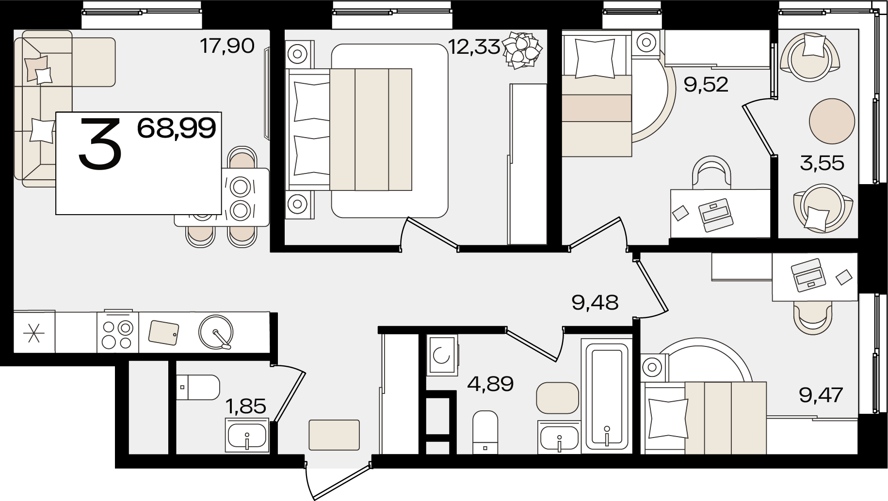 Планировка 3-комнатная 68,99 м²