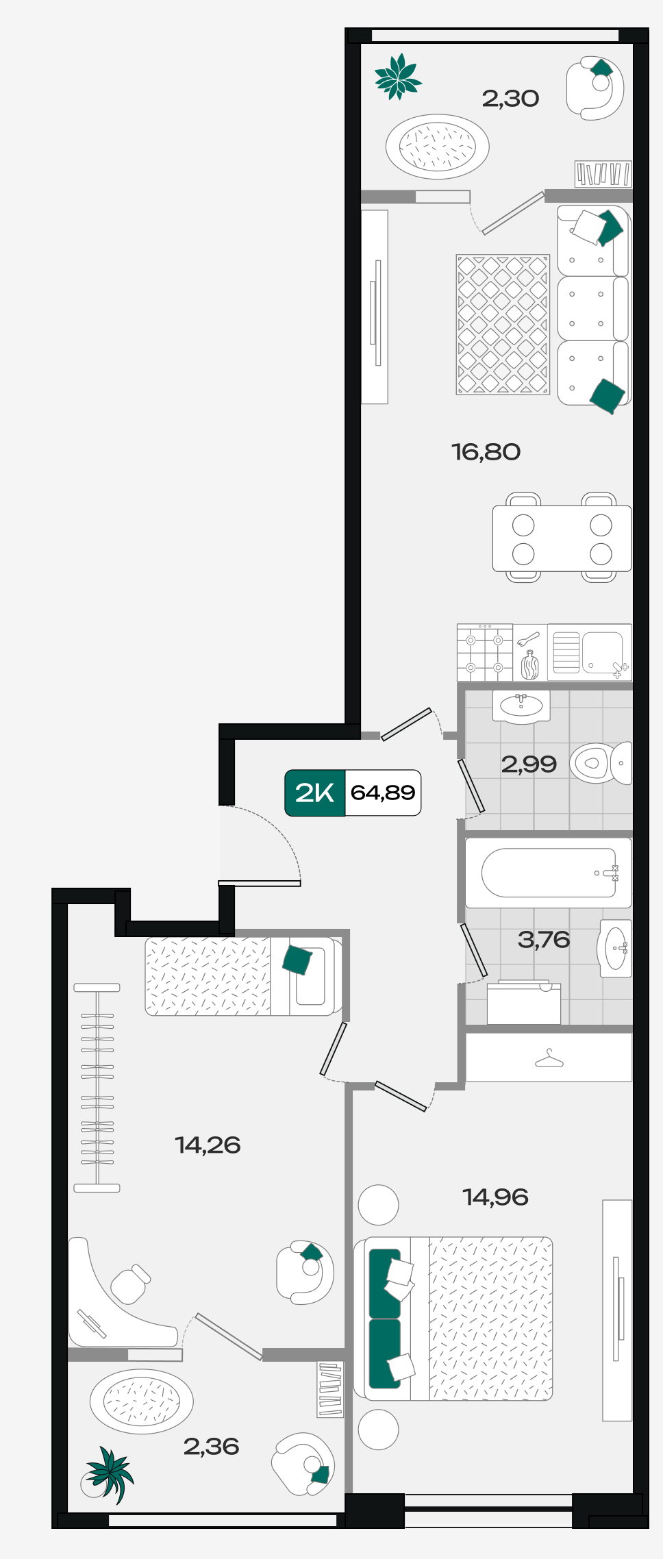 Планировка: 2-комн. квартира 64,9 м²