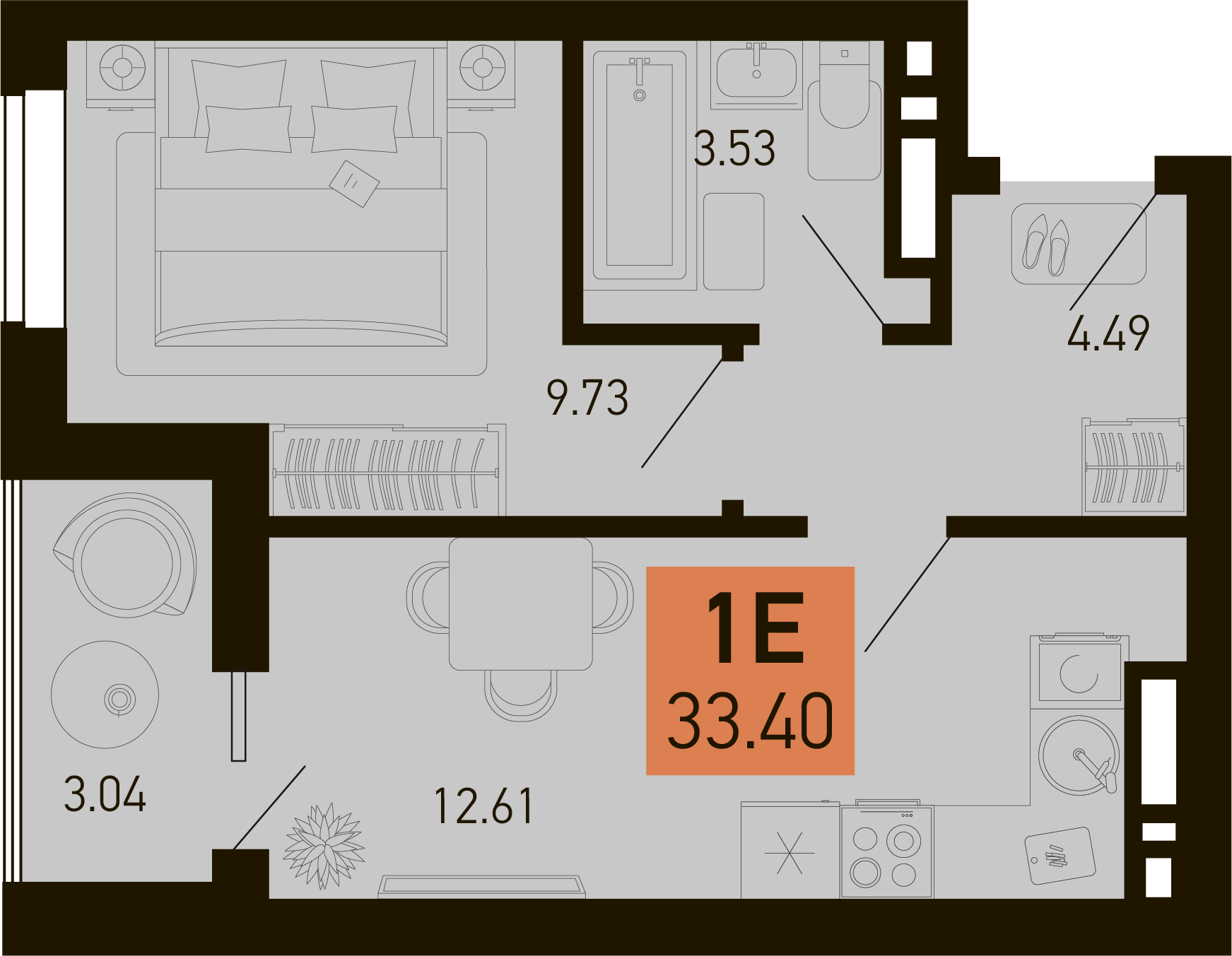 Планировка 1-комнатная 33,4 м²