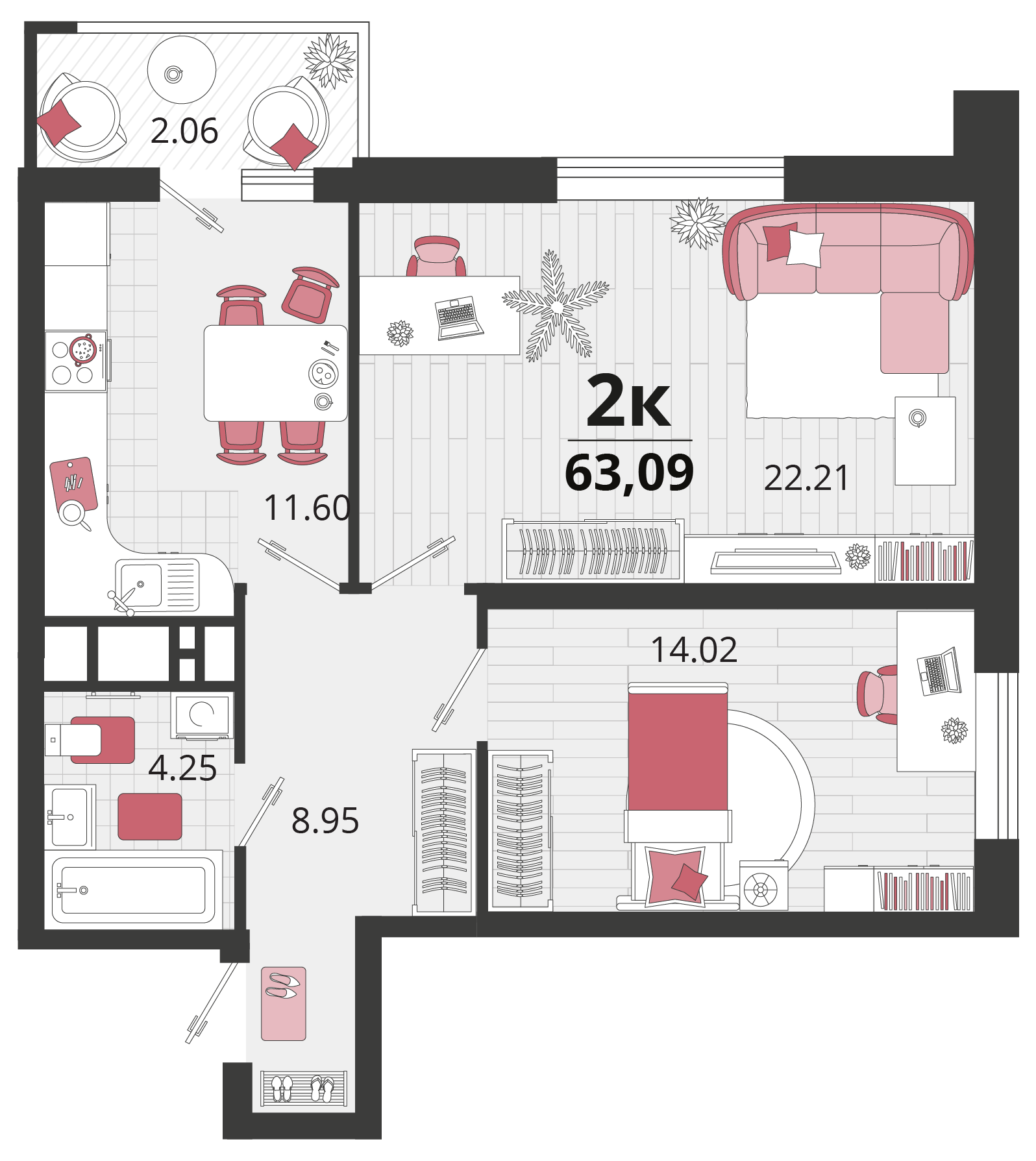 Планировка 2-комнатная 62,45 м²