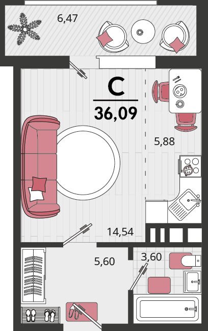 Планировка 1-комнатная 36,09 м²