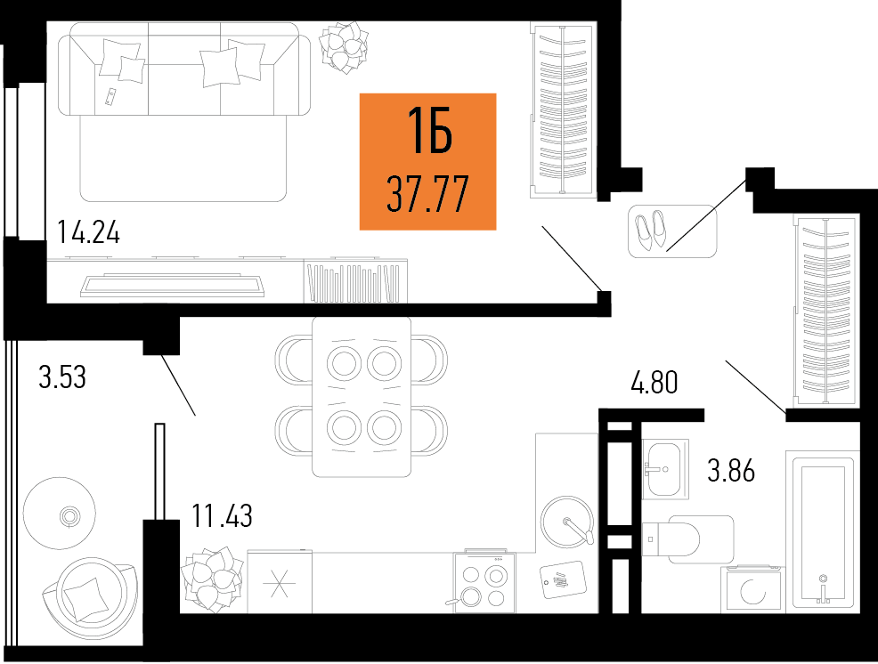 Планировка 1-комнатная 37,77 м²