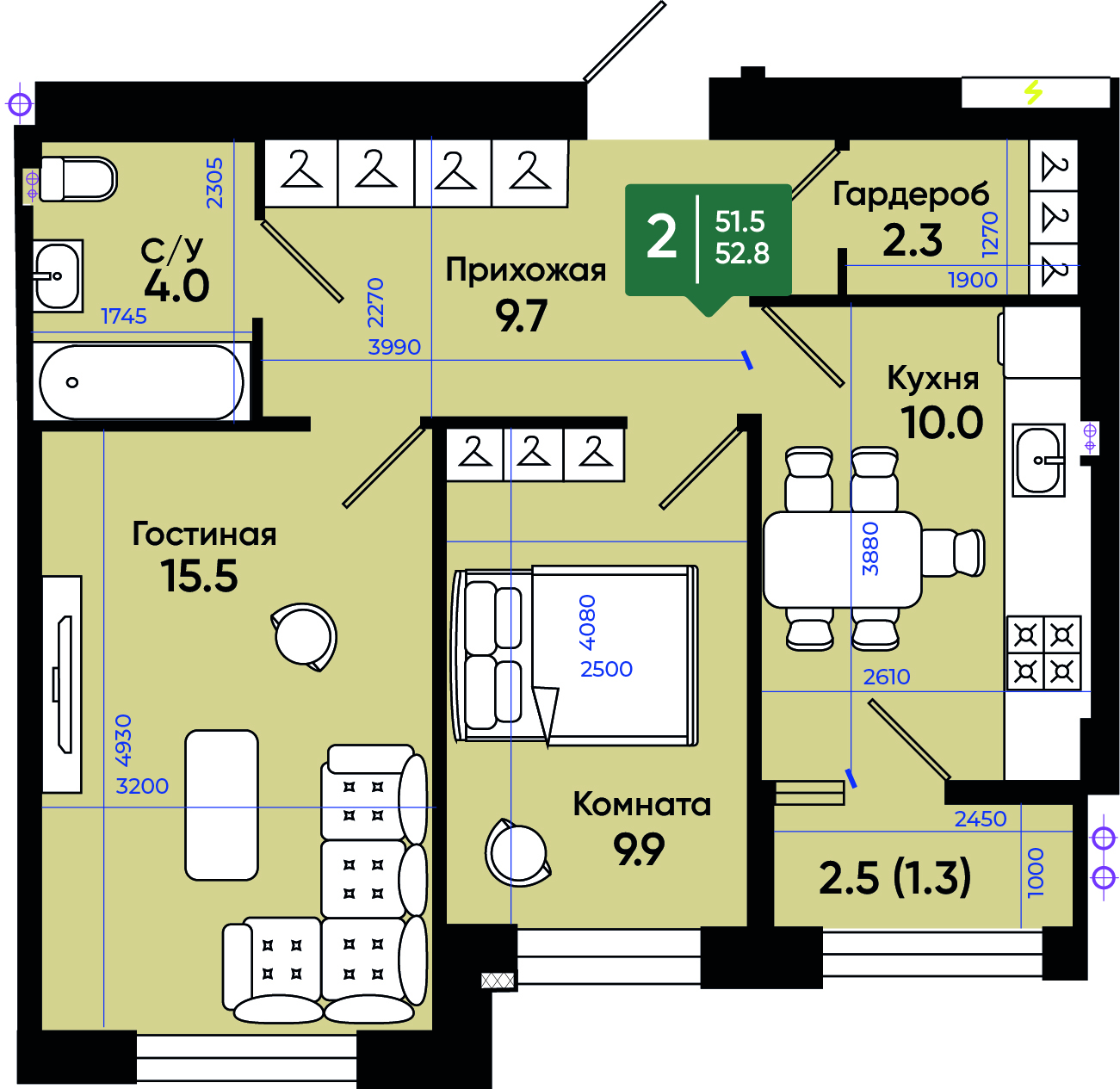 Планировка: 2-комн. квартира 54,3 м²