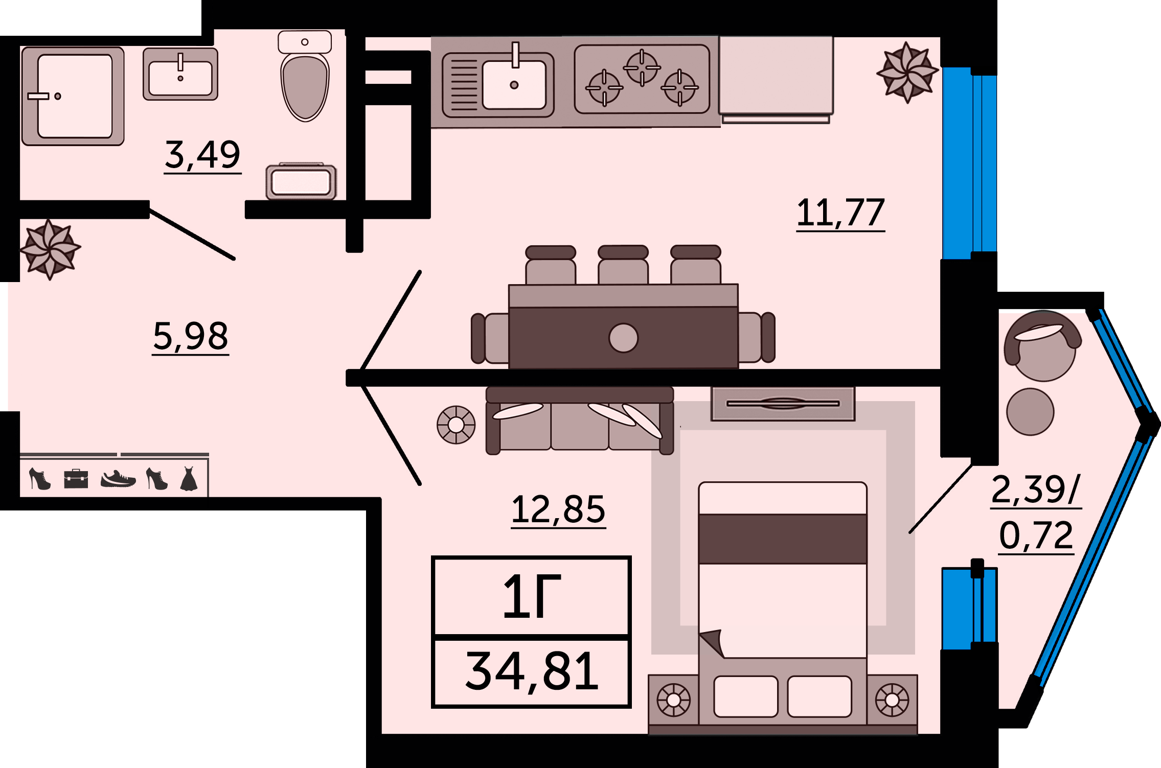 Планировка 1-комнатная 34,81 м²