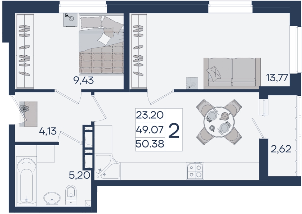 Планировка 2-комнатная 50,38 м²