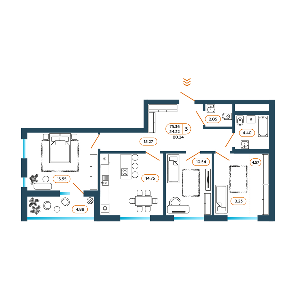 Планировка: 3-комн. квартира 81,3 м²