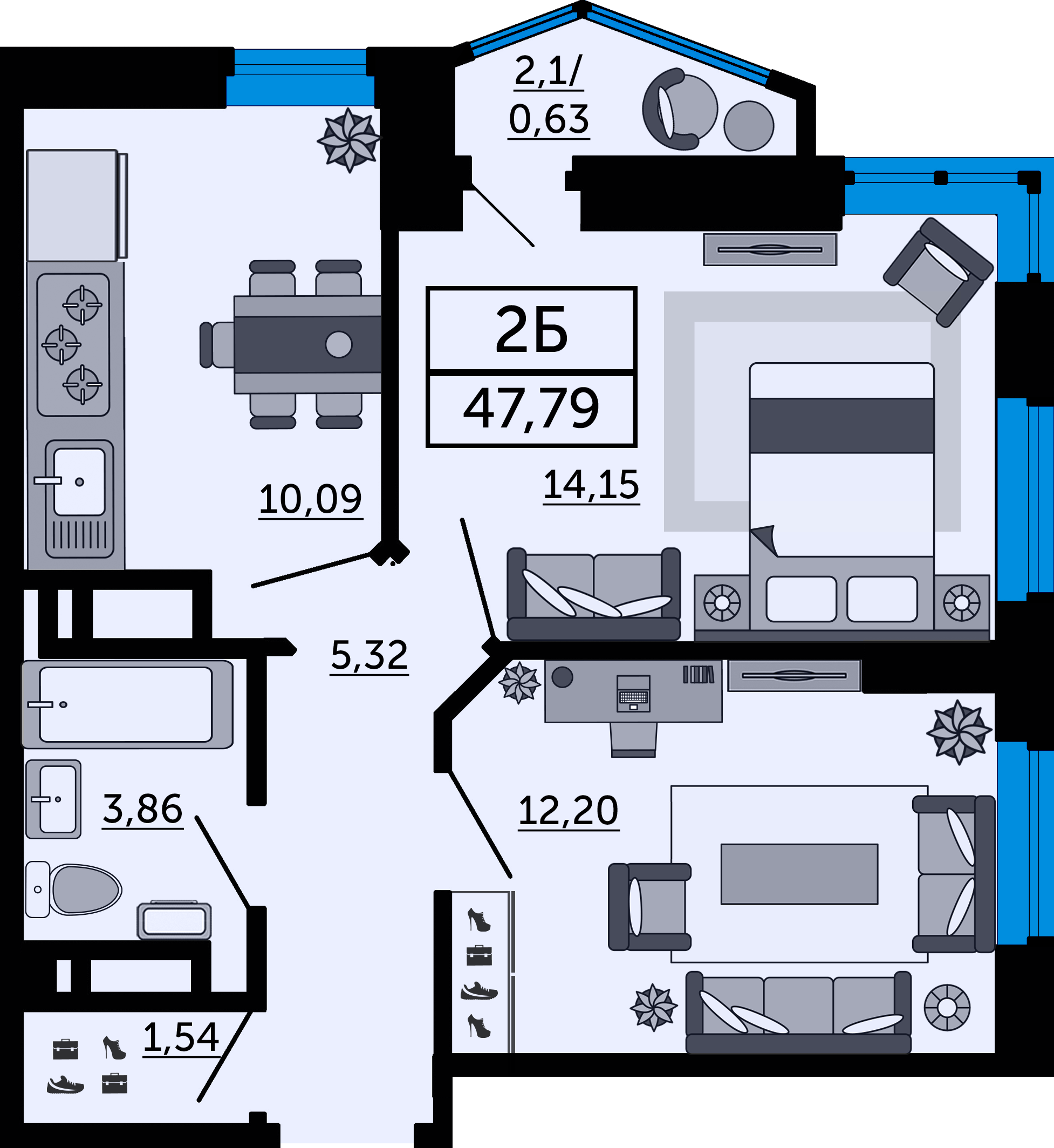 Планировка 2-комнатная 47,79 м²