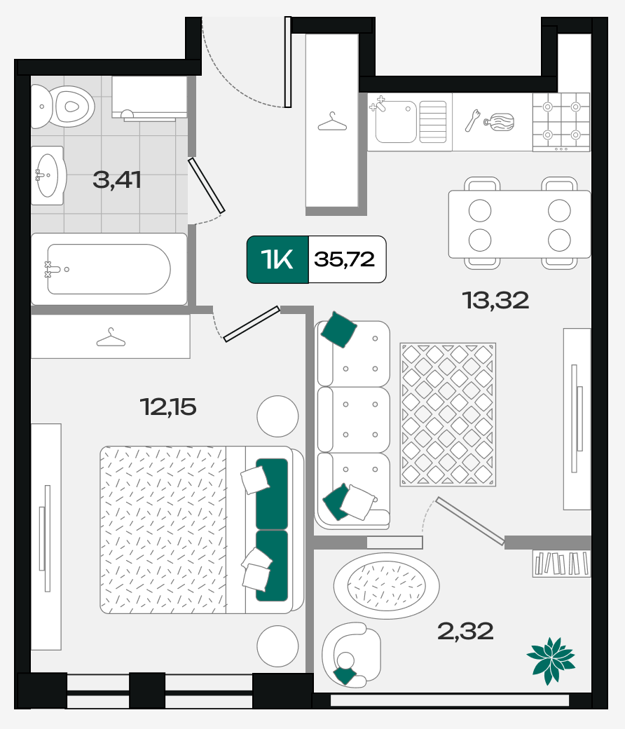 Планировка: 1-комн. квартира 35,7 м²