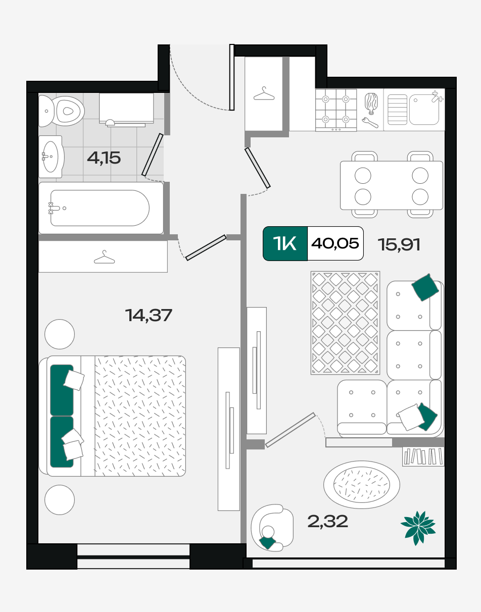 Планировка 1-комнатная 40,05 м²