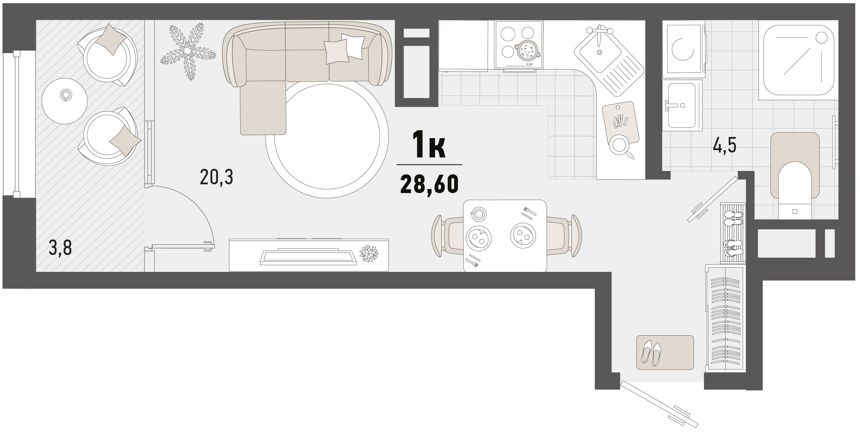Планировка 1-комнатная 28,6 м²