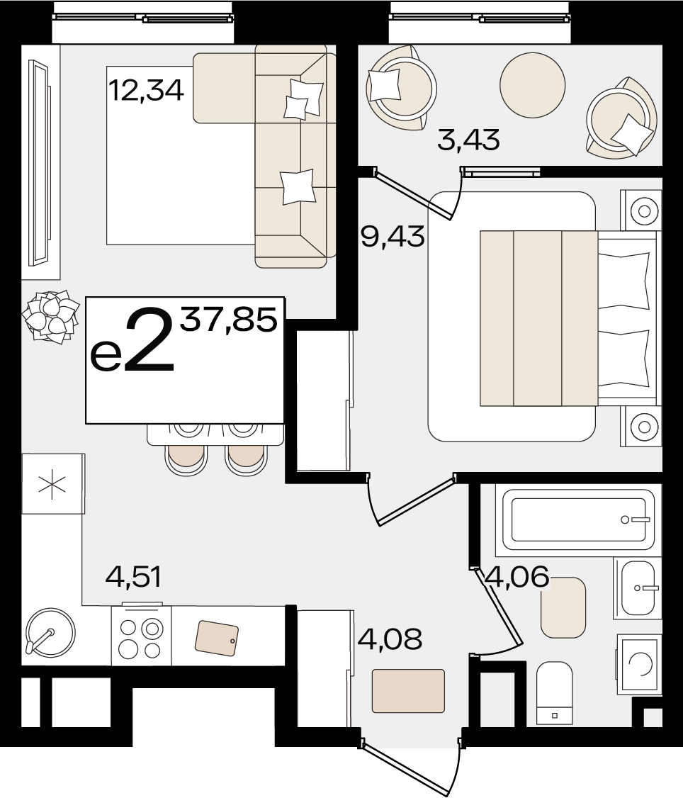 Планировка 2-комнатная 37,85 м²