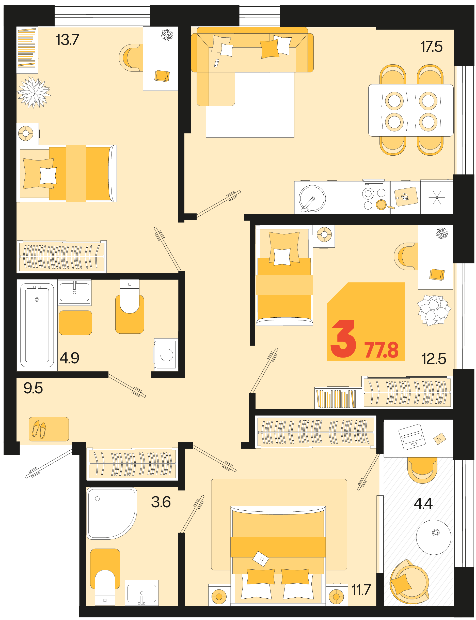 Планировка 3-комнатная 77,8 м²