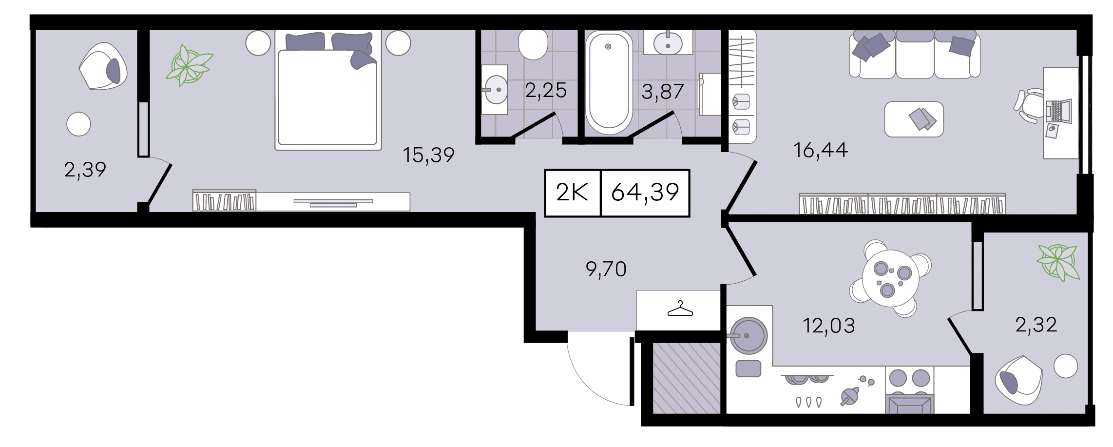 Планировка: 2-комн. квартира 64,4 м²