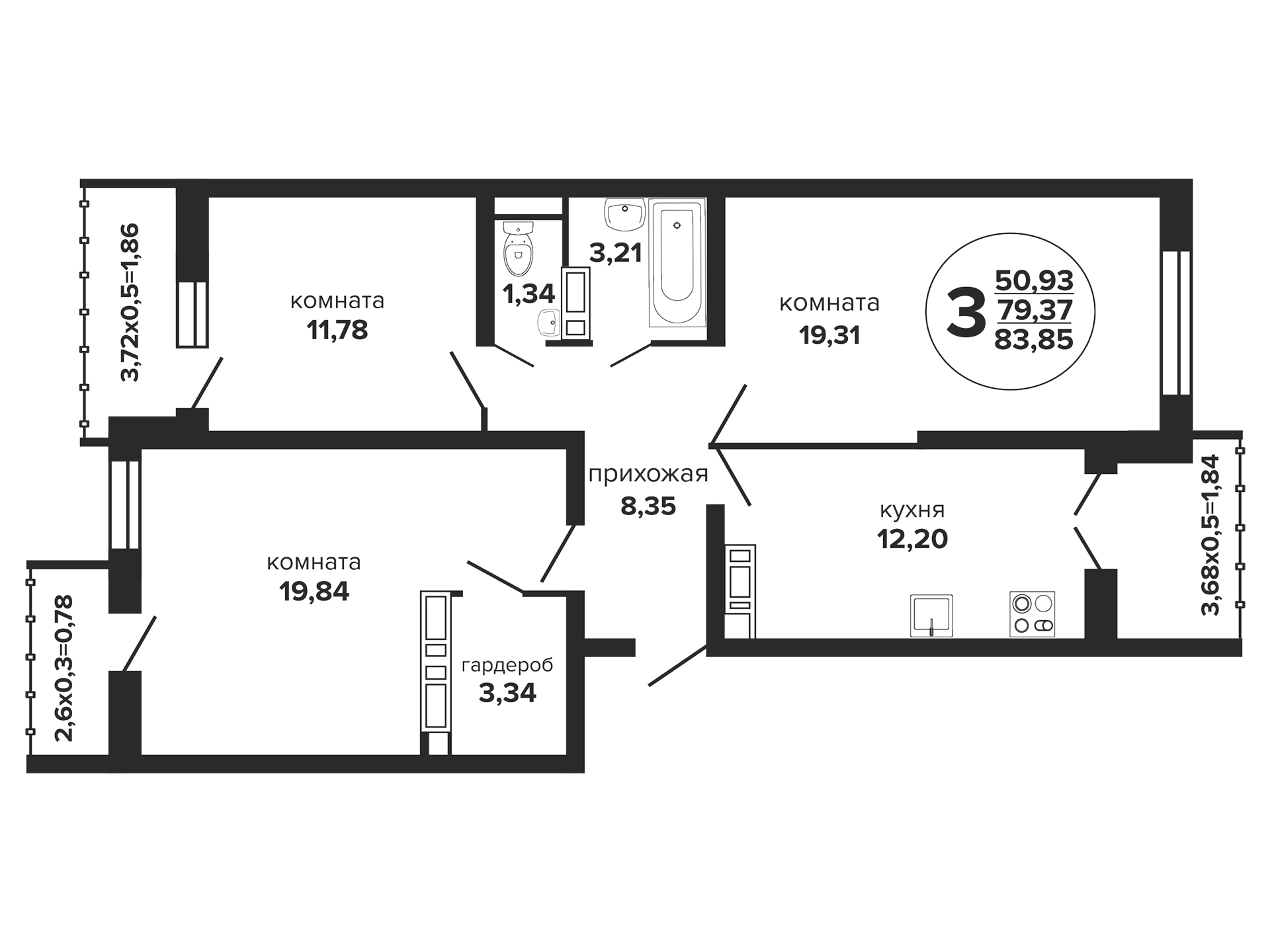 Планировка 3-комнатная 85,05 м²