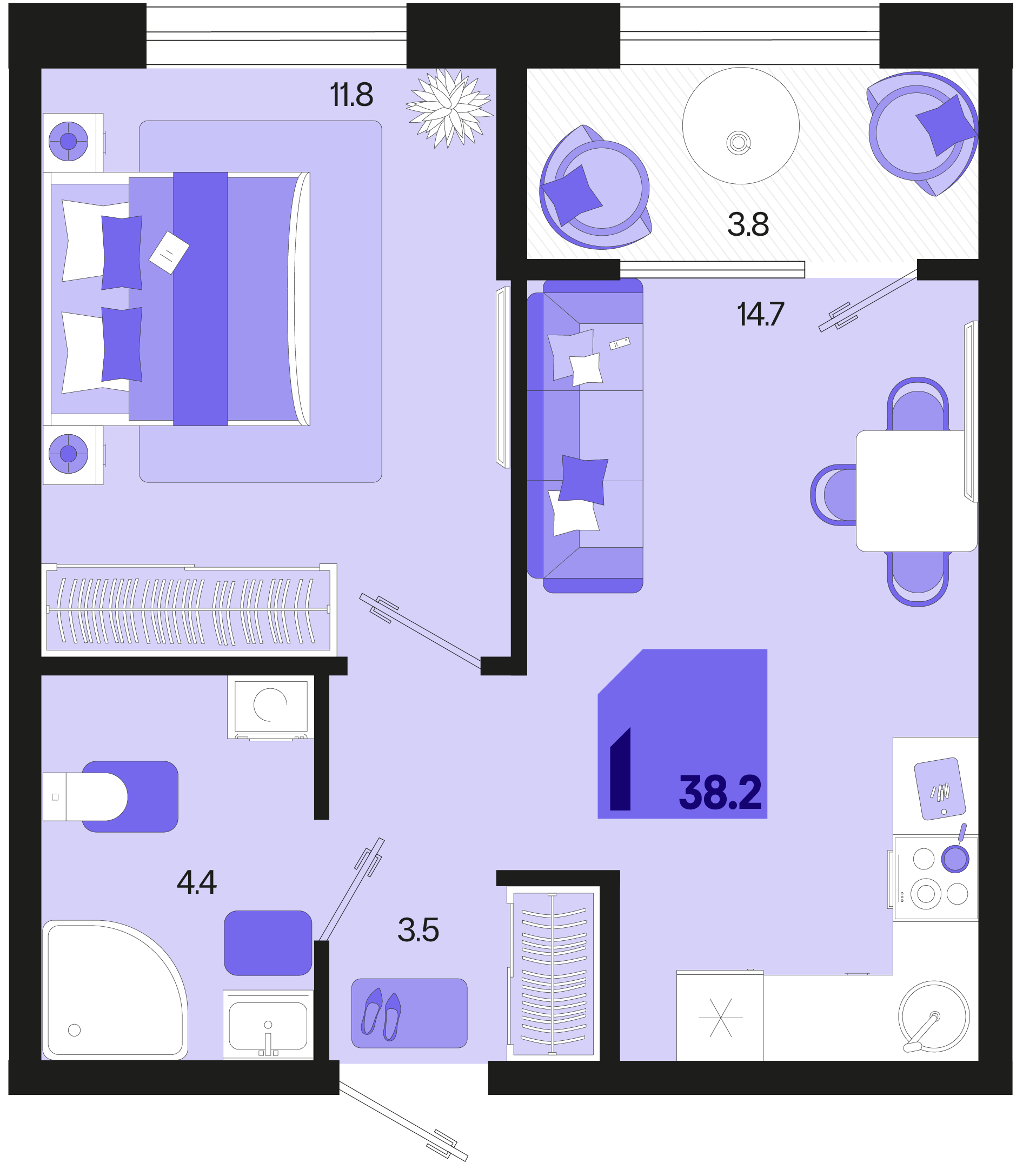 Планировка 1-комнатная 38,2 м²
