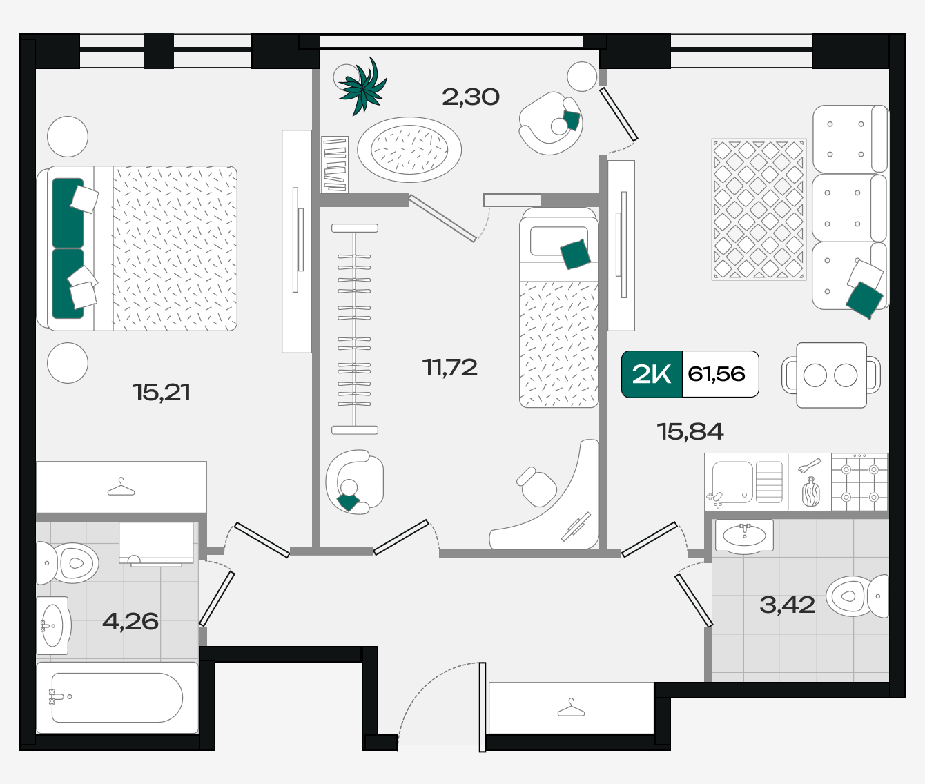 Планировка 2-комнатная 61,56 м²