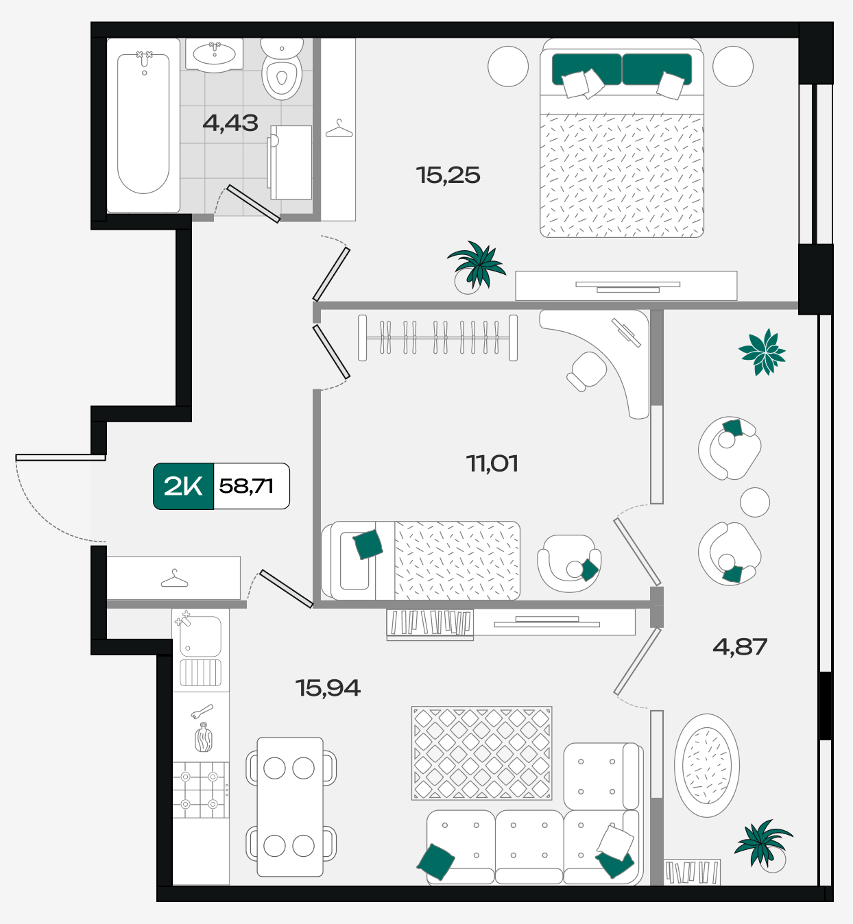 Планировка: 2-комн. квартира 58,7 м²