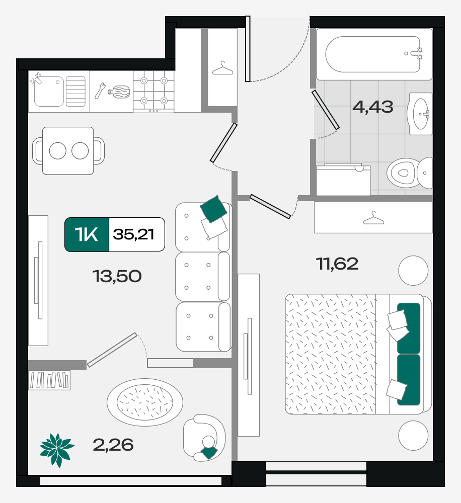 Планировка: 1-комн. квартира 35,2 м²