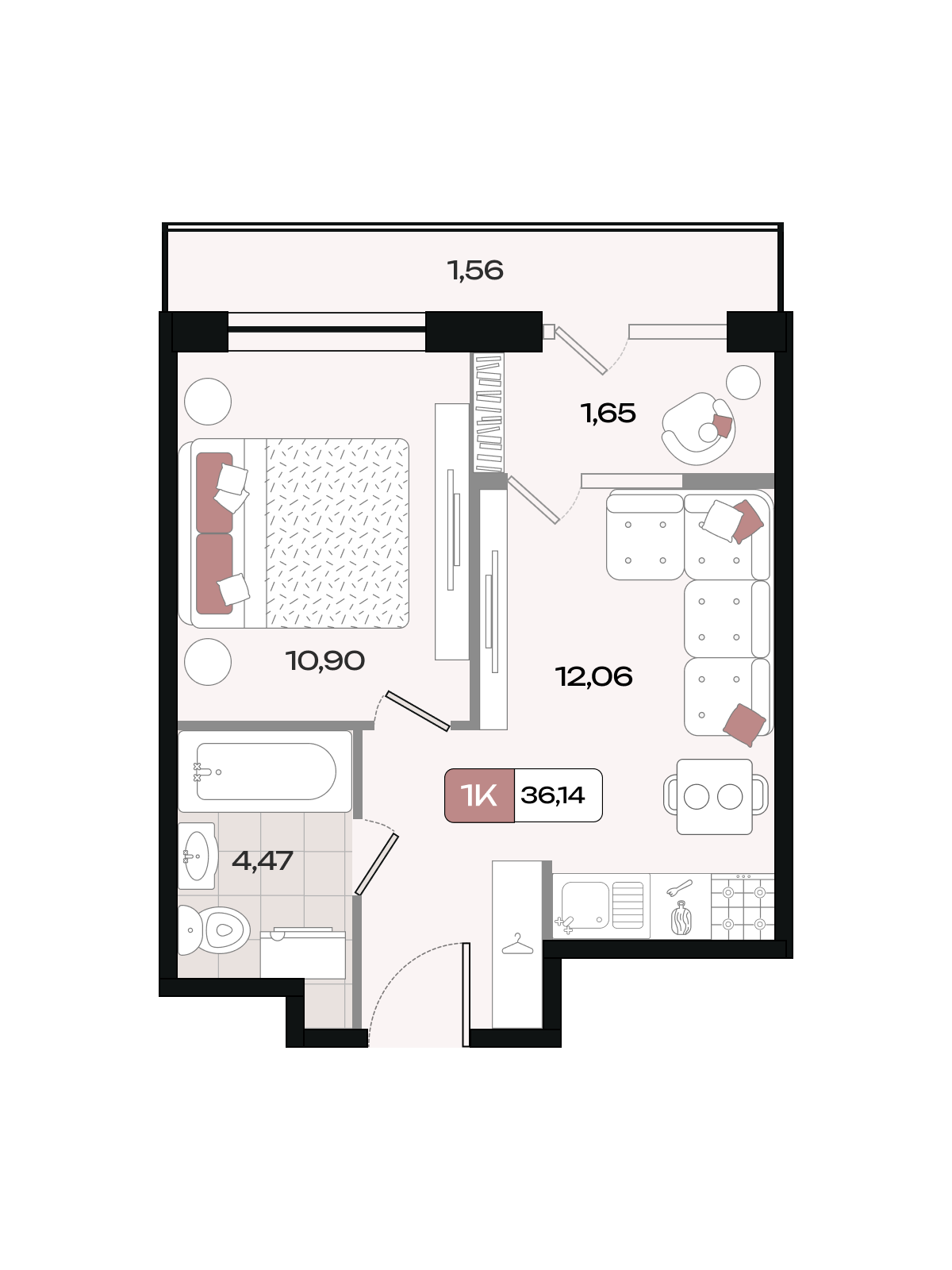 Планировка: 1-комн. квартира 36,1 м²