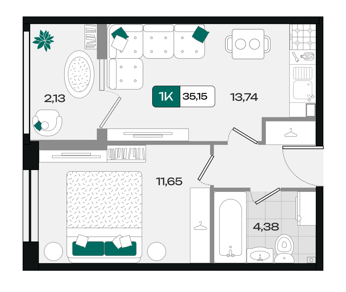 Планировка 1-комнатная 35,15 м²