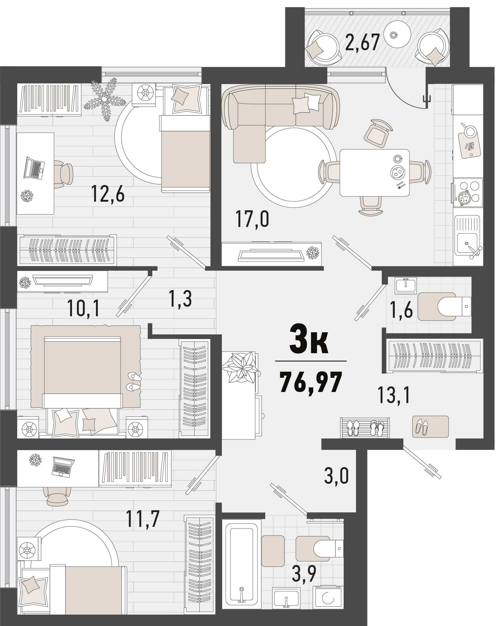 Планировка 3-комнатная 76,97 м²