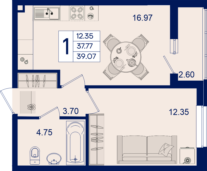 Планировка: 1-комн. квартира 39,1 м²