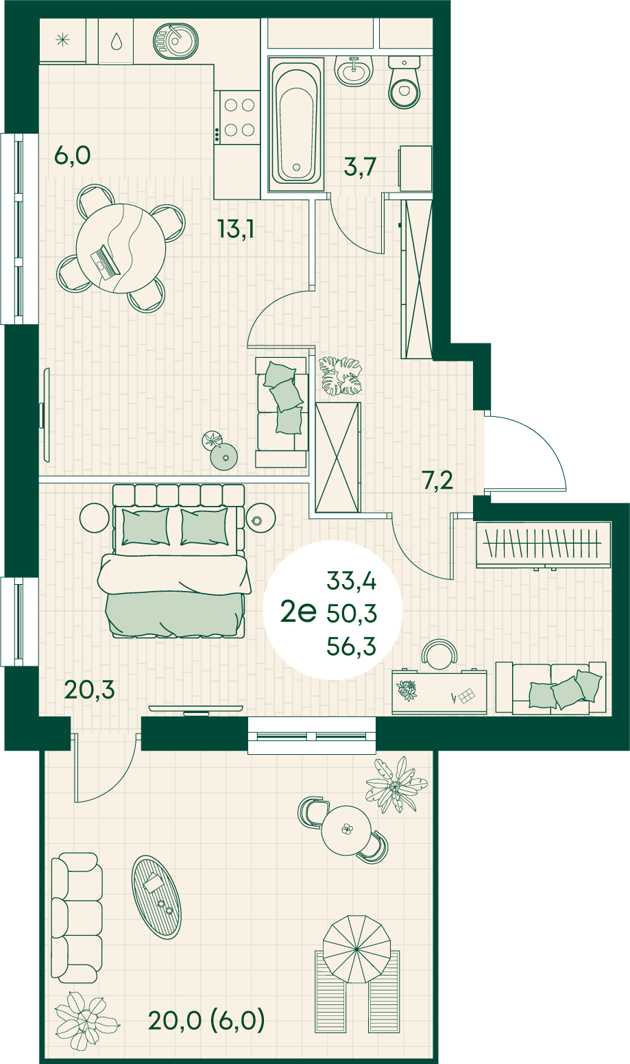 Планировка: 2-комн. квартира 56,3 м²