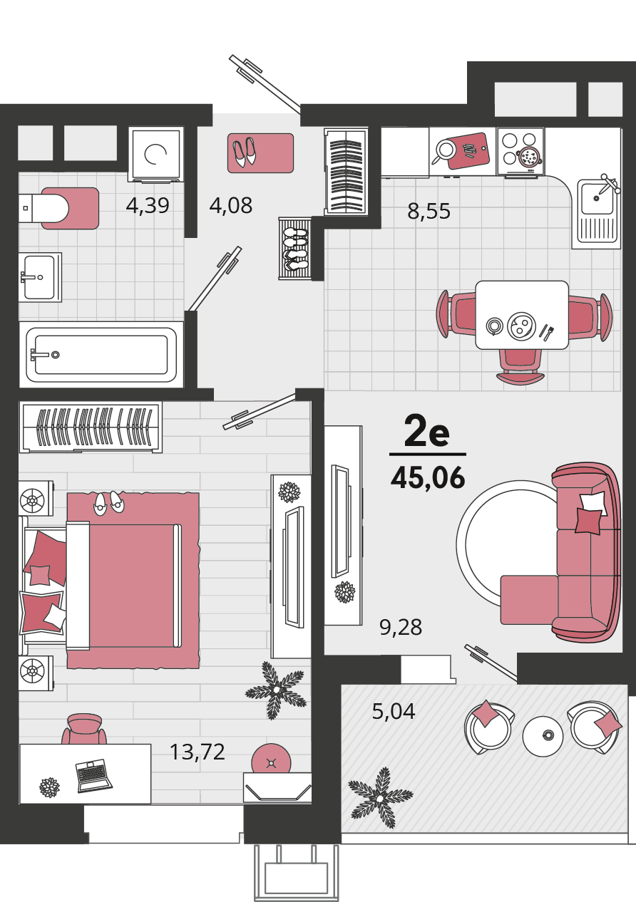 Планировка 2-комнатная 45,06 м²