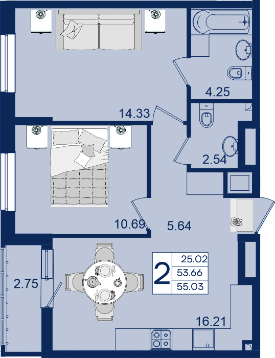 Планировка 2-комнатная 55,03 м²