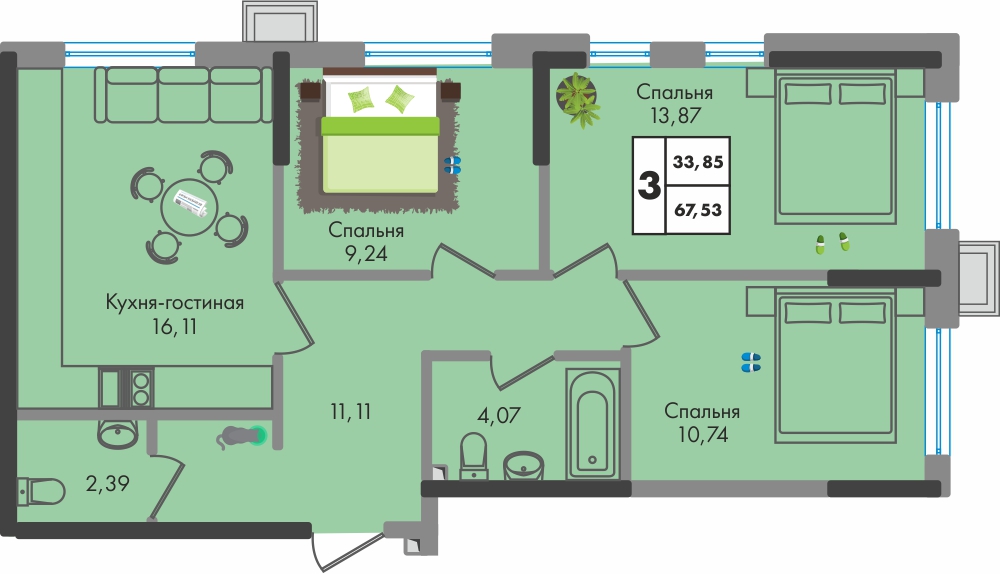 Планировка 3-комнатная 67,5 м²