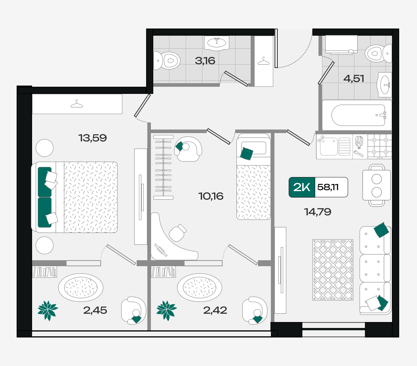 Планировка: 2-комн. квартира 58,1 м²