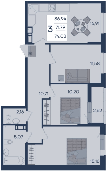 Планировка: 3-комн. квартира 74 м²