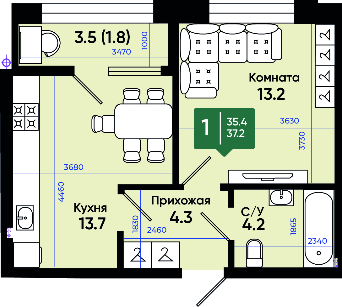 Планировка: 1-комн. квартира 37,3 м²