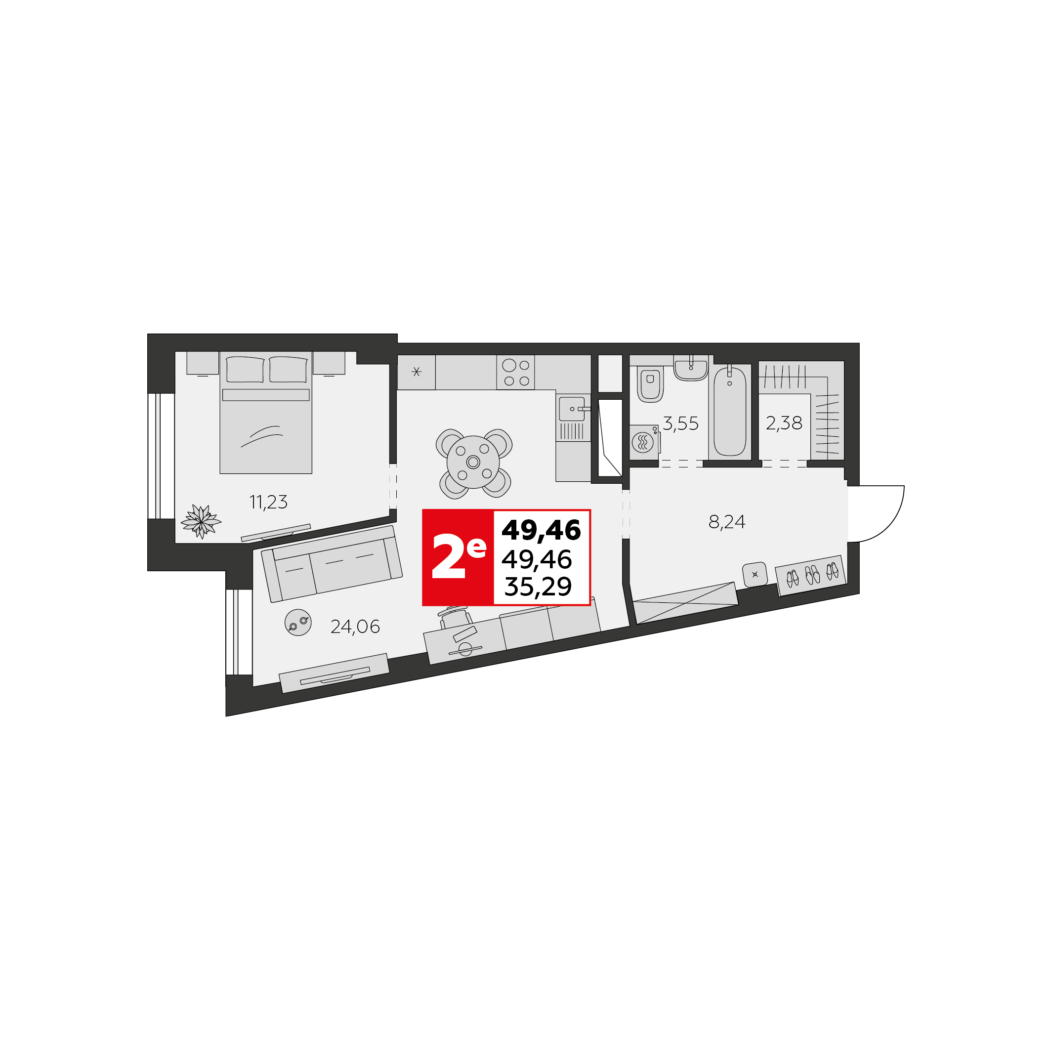Планировка 2-комнатная 49,46 м²