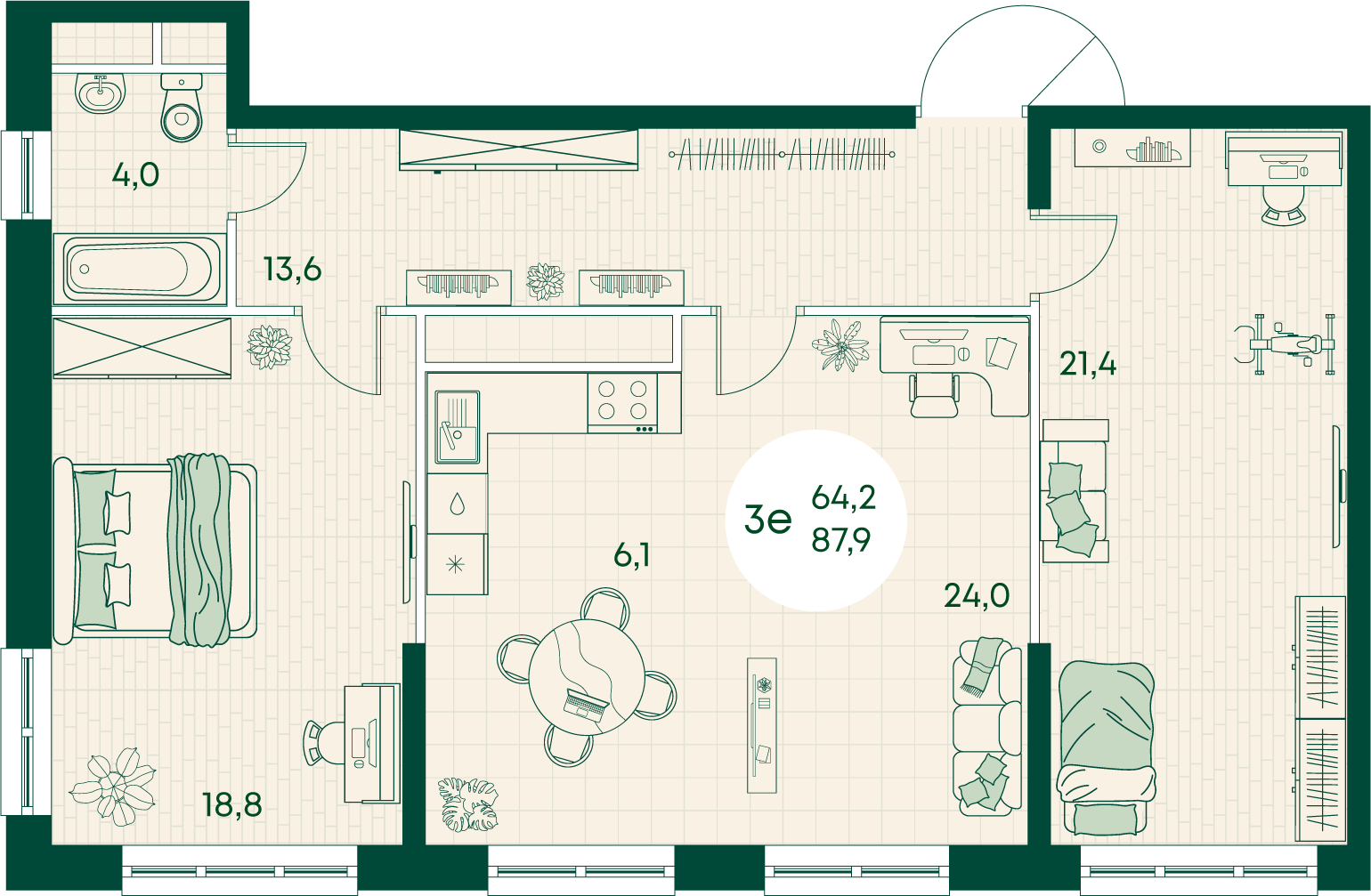 Планировка 3-комнатная 87,9 м²