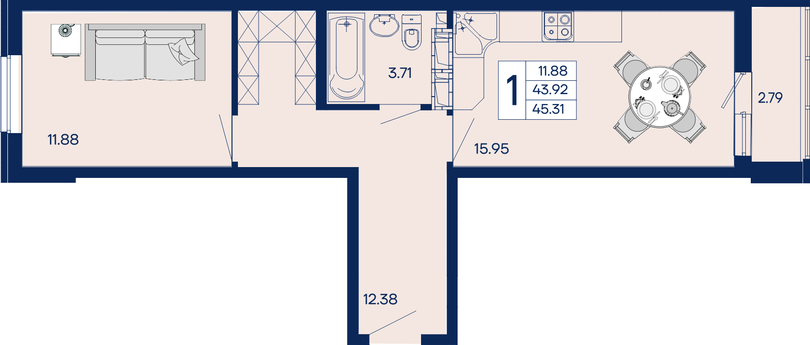 Планировка: 1-комн. квартира 45,3 м²