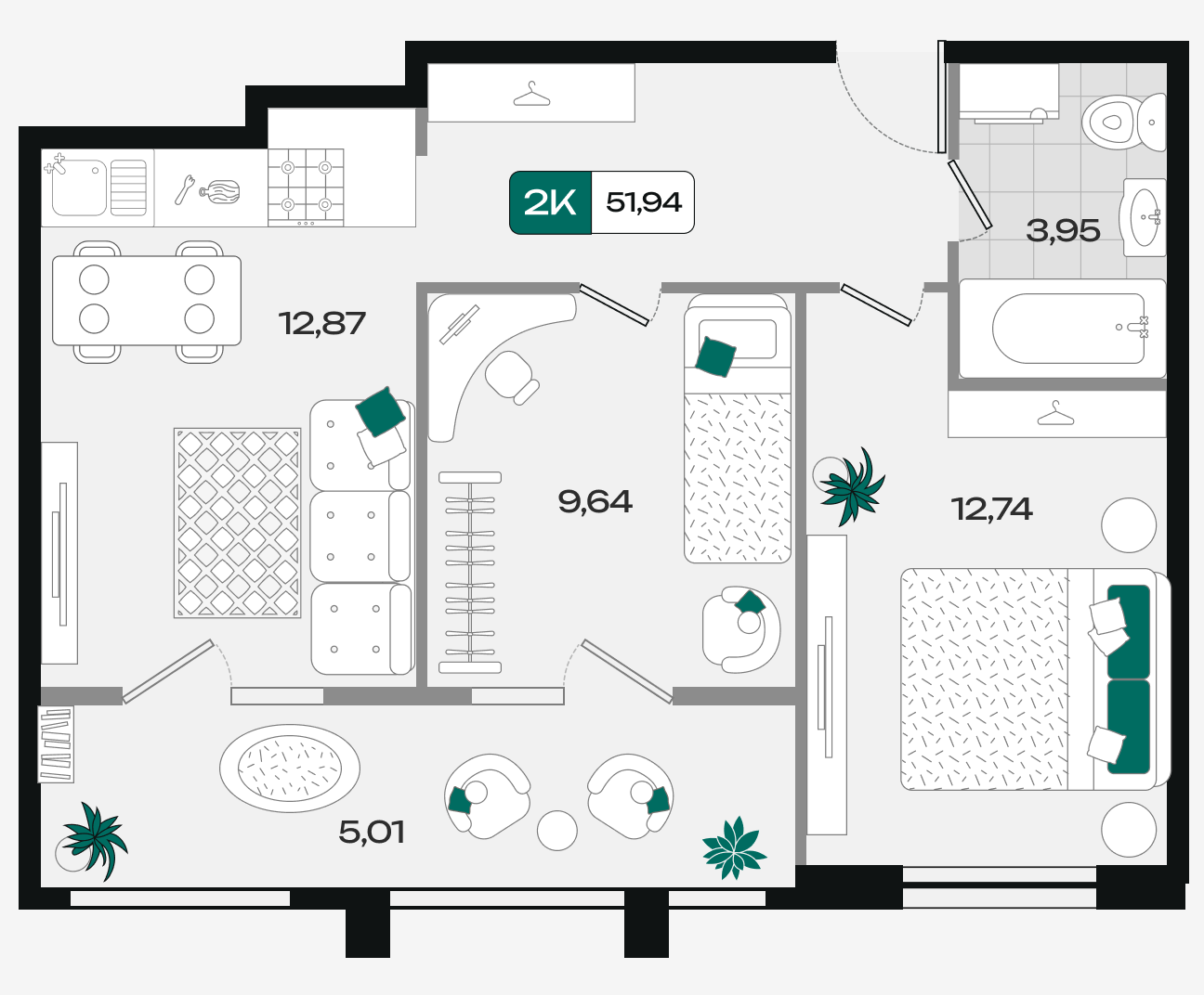 Планировка: 2-комн. квартира 51,9 м²