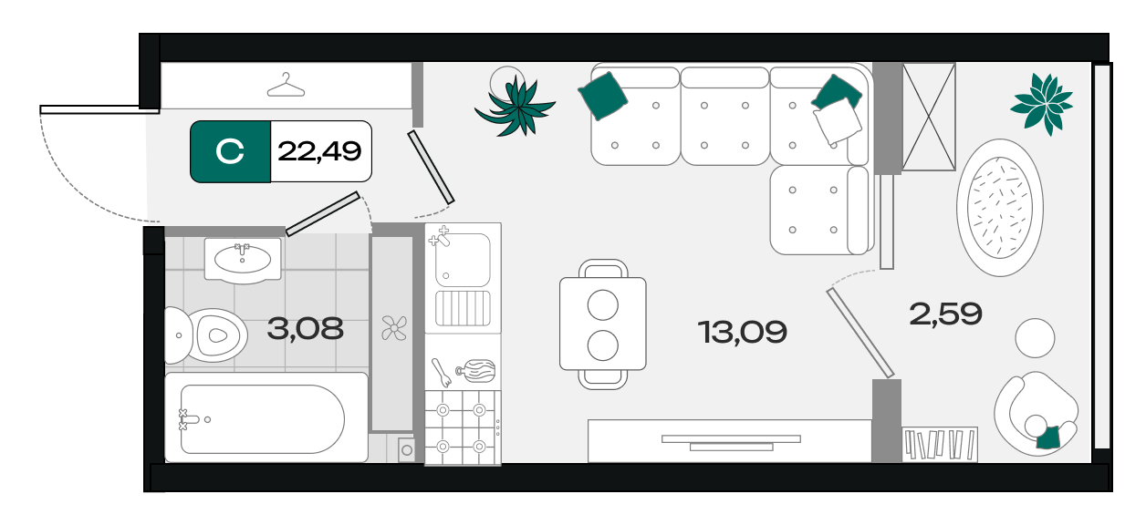 Планировка: Студия 22,5 м²