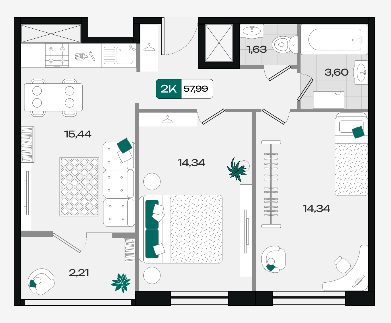Планировка: 2-комн. квартира 58 м²